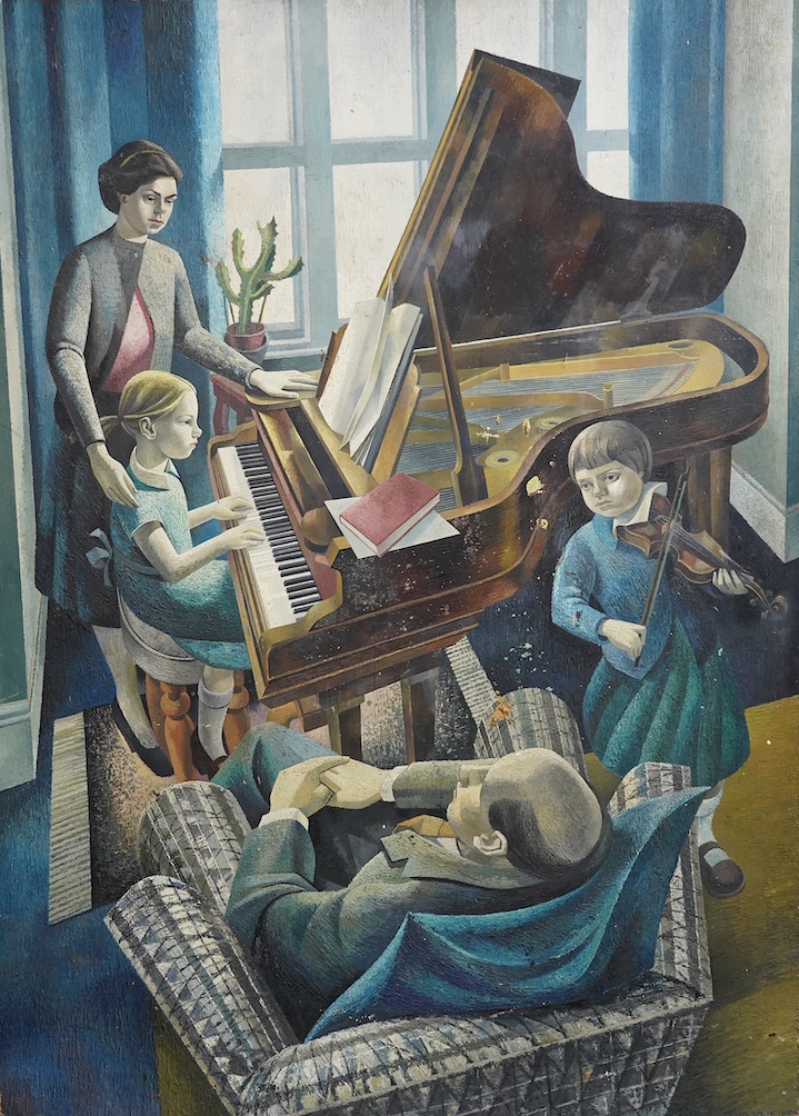 David Smith (British, 1930-1999), Family music recital, oil on hard board, 164 x 120cm